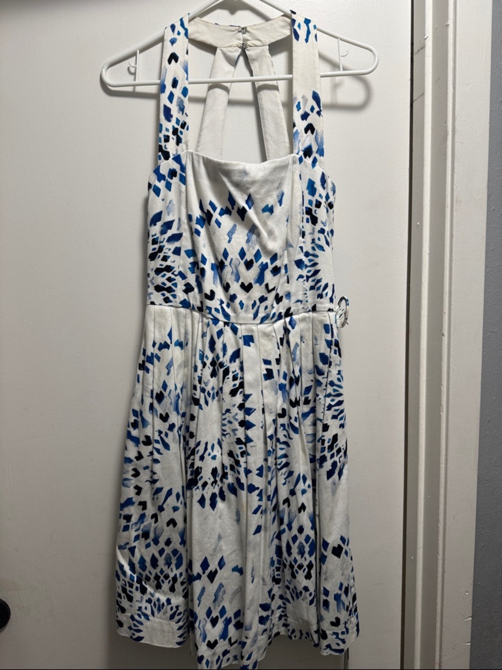 White House Black Market White Dress with Blue Abstract Motif